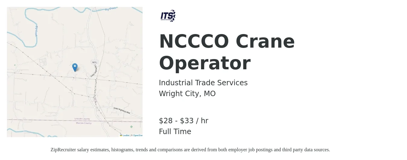 Industrial Trade Services job posting for a NCCCO Crane Operator in Wright City, MO with a salary of $30 to $35 Hourly with a map of Wright City location.