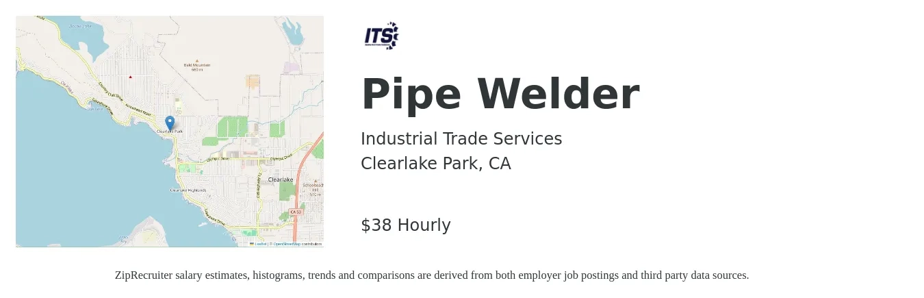 Industrial Trade Services job posting for a Pipe Welder in Clearlake Park, CA with a salary of $40 Hourly with a map of Clearlake Park location.