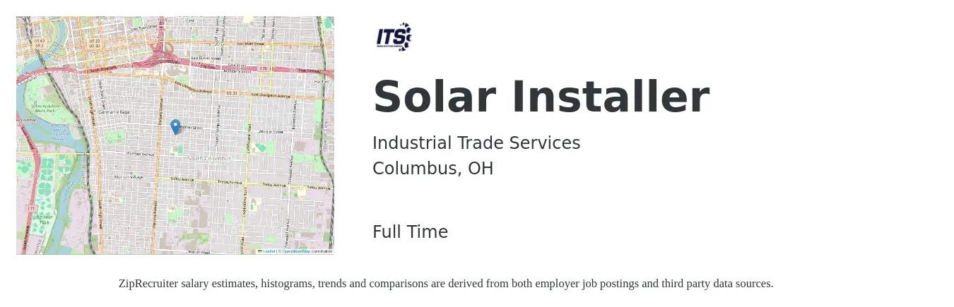 Industrial Trade Services job posting for a Solar Installer in Columbus, OH with a salary of $20 to $26 Hourly with a map of Columbus location.