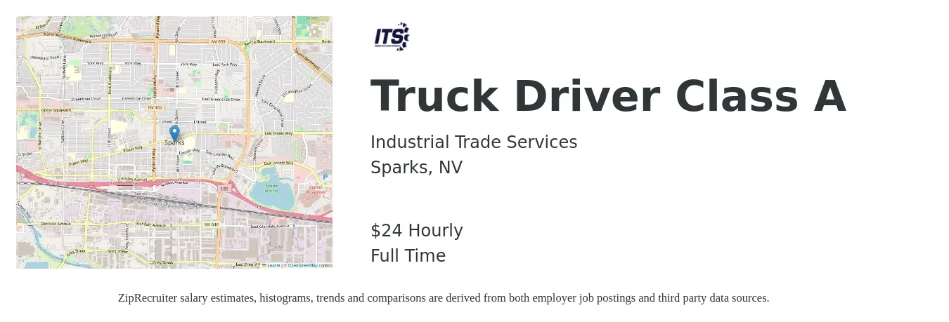 Industrial Trade Services job posting for a Truck Driver Class A in Sparks, NV with a salary of $25 Hourly with a map of Sparks location.