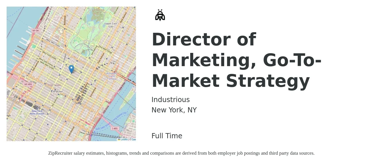 Industrious job posting for a Director of Marketing, Go-To-Market Strategy in New York, NY with a salary of $78,200 to $143,900 Yearly with a map of New York location.