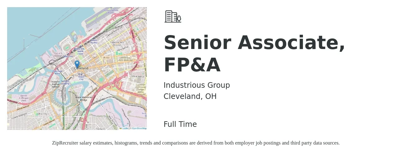 Industrious Group job posting for a Senior Associate, FP&A in Cleveland, OH with a salary of $105,700 to $144,000 Yearly with a map of Cleveland location.