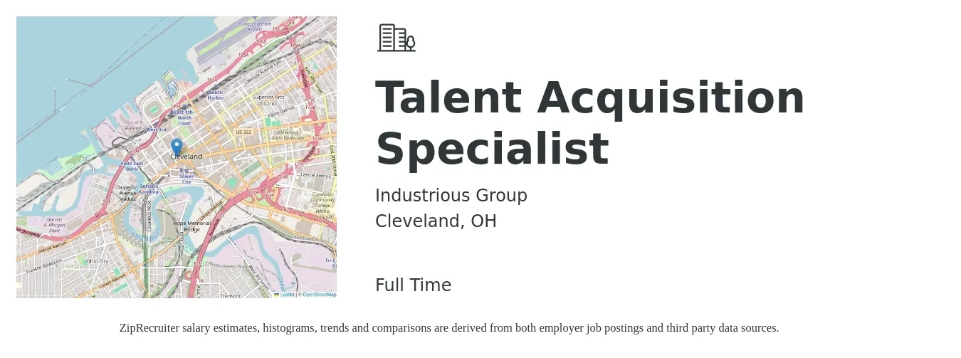 Industrious Group job posting for a Talent Acquisition Specialist in Cleveland, OH with a salary of $48,500 to $67,900 Yearly with a map of Cleveland location.