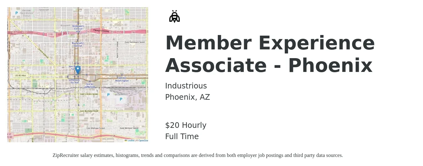 Industrious job posting for a Member Experience Associate - Phoenix in Phoenix, AZ with a salary of $21 Hourly with a map of Phoenix location.
