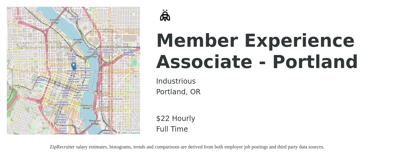 Industrious job posting for a Member Experience Associate - Portland in Portland, OR with a salary of $23 Hourly with a map of Portland location.