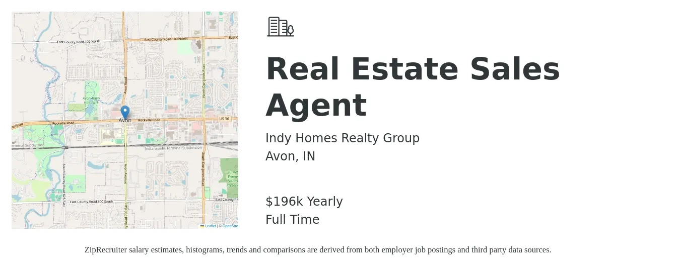 Indy Homes Realty Group job posting for a Real Estate Sales Agent in Avon, IN with a salary of $196,492 Yearly with a map of Avon location.
