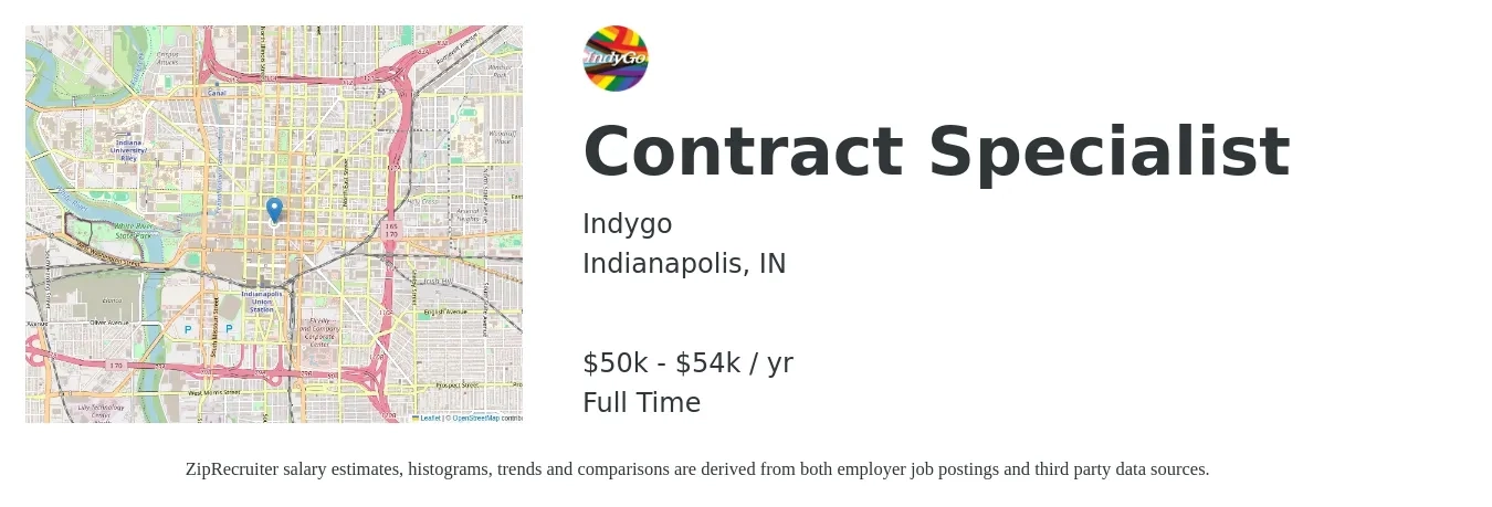 Indygo job posting for a Contract Specialist in Indianapolis, IN with a salary of $50,000 to $54,590 Yearly with a map of Indianapolis location.