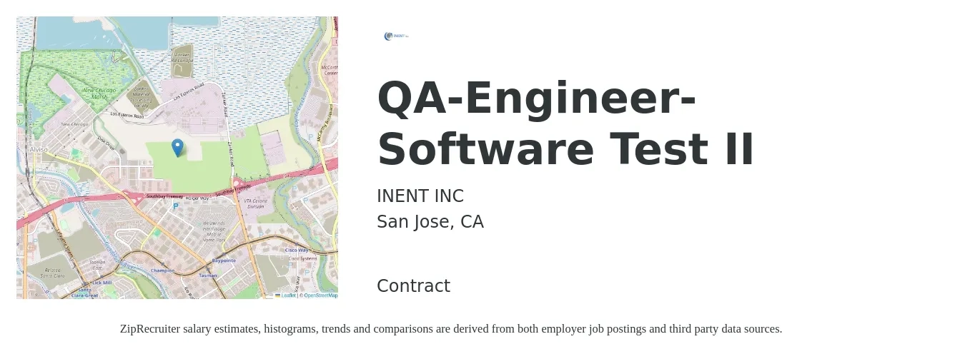 INENT INC job posting for a QA-Engineer-Software Test II in San Jose, CA with a salary of $46 to $68 Hourly with a map of San Jose location.