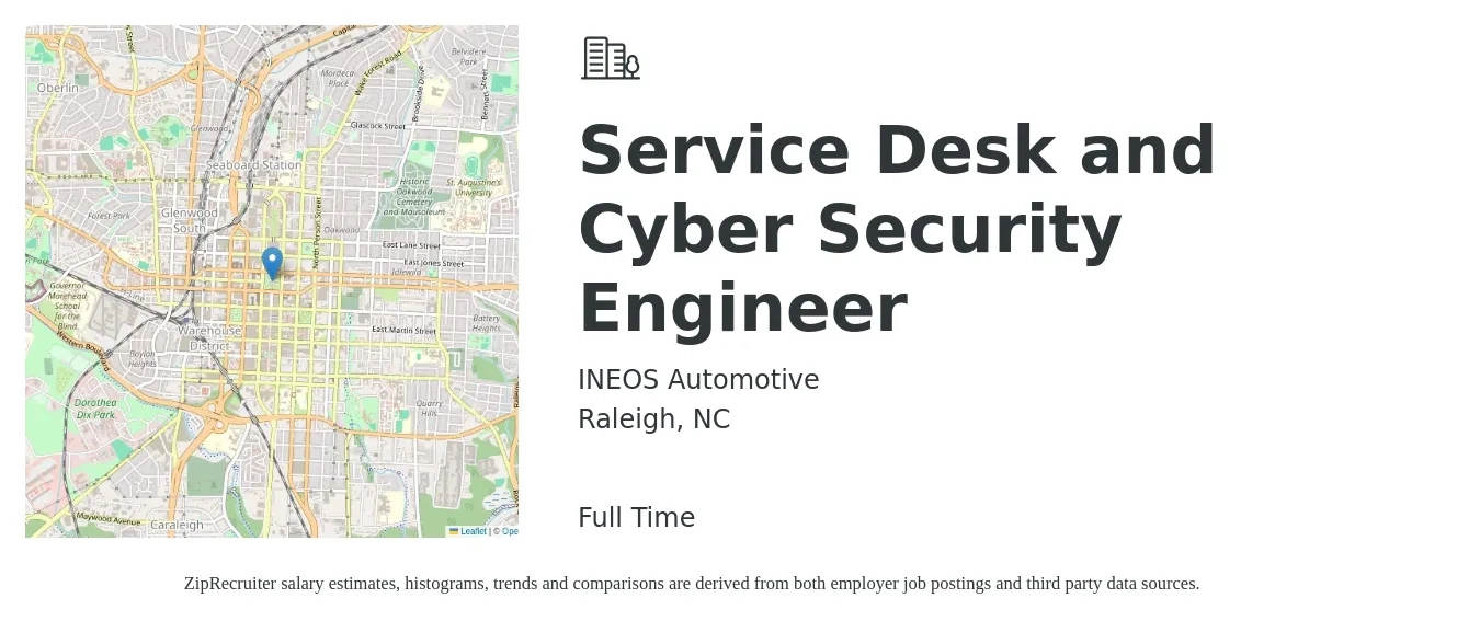 INEOS Automotive job posting for a Service Desk and Cyber Security Engineer in Raleigh, NC with a salary of $47,600 to $70,000 Yearly with a map of Raleigh location.