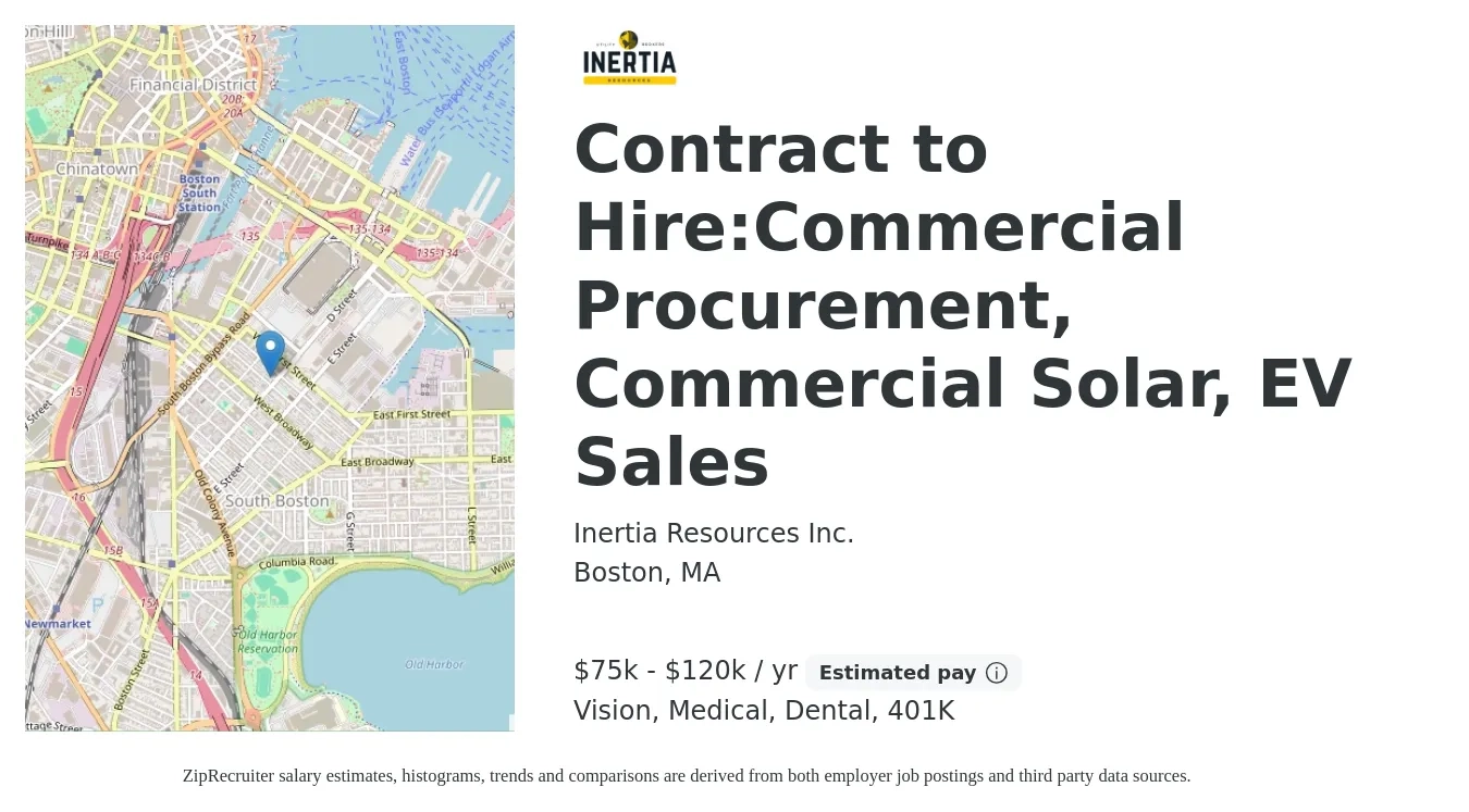 Inertia Resources Inc. job posting for a Contract to Hire:Commercial Procurement, Commercial Solar, EV Sales in Boston, MA with a salary of $75,000 to $120,000 Yearly (plus commission) and benefits including medical, vision, 401k, and dental with a map of Boston location.