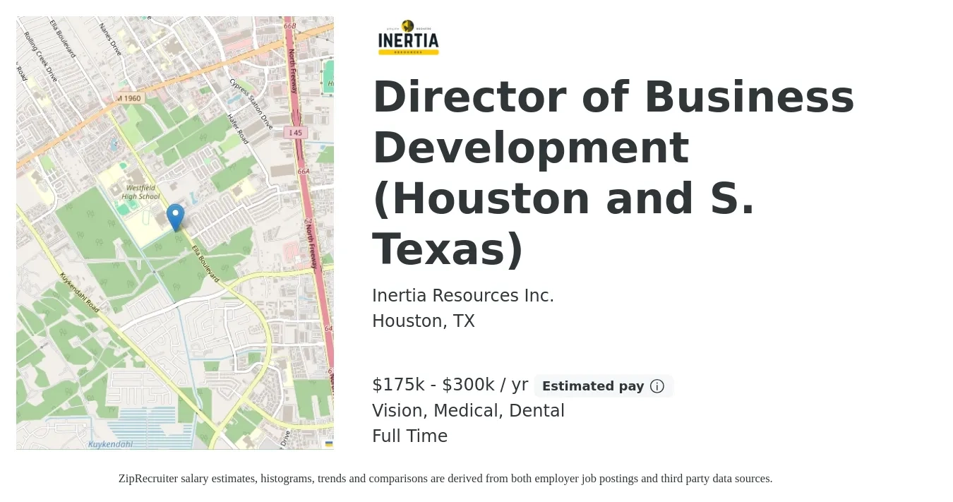 Inertia Resources Inc. job posting for a Director of Business Development (Houston and S. Texas) in Houston, TX with a salary of $175,000 to $300,000 Yearly and benefits including dental, medical, pto, retirement, and vision with a map of Houston location.