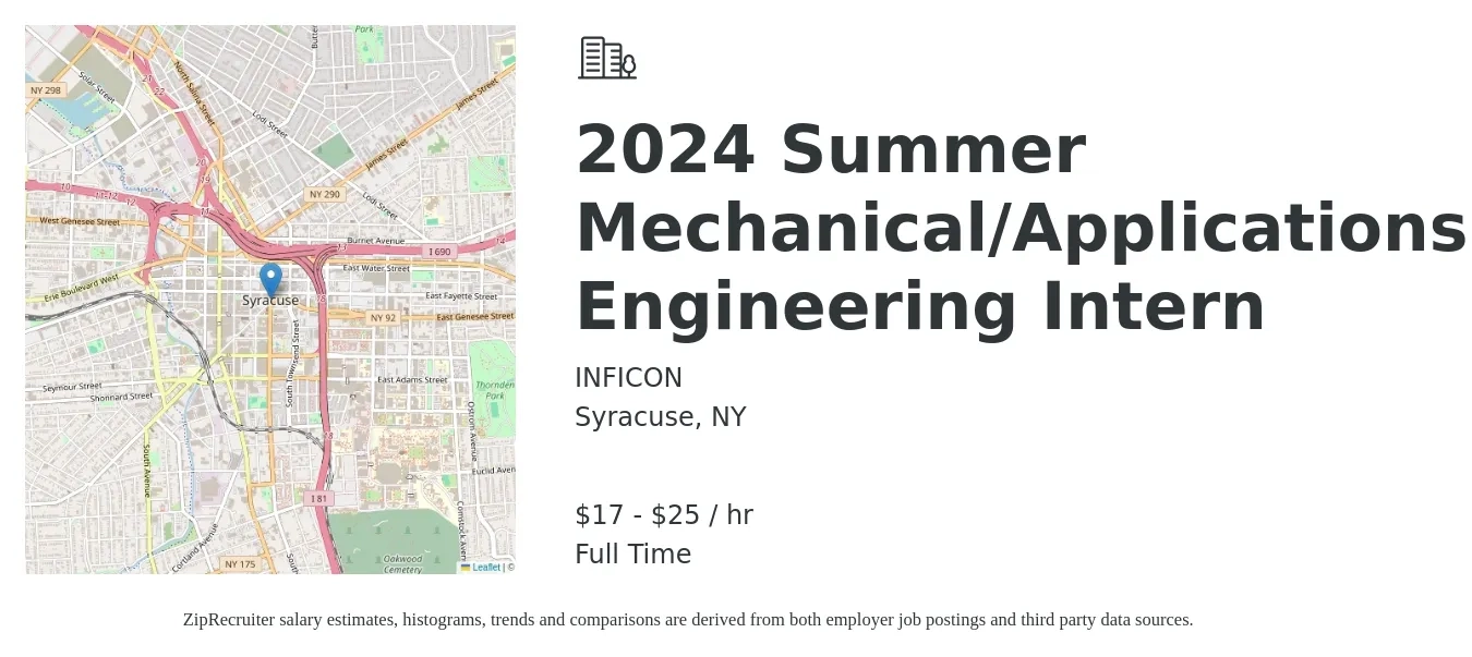 INFICON job posting for a 2024 Summer Mechanical/Applications Engineering Intern in Syracuse, NY with a salary of $18 to $26 Hourly with a map of Syracuse location.