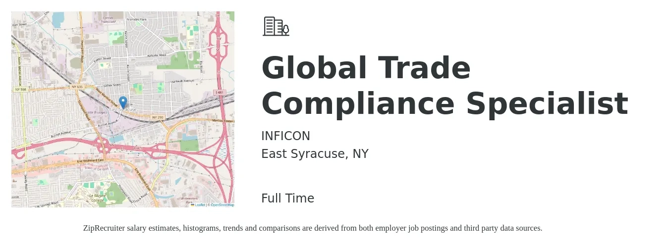 INFICON job posting for a Global Trade Compliance Specialist in East Syracuse, NY with a salary of $79,500 to $96,800 Yearly with a map of East Syracuse location.
