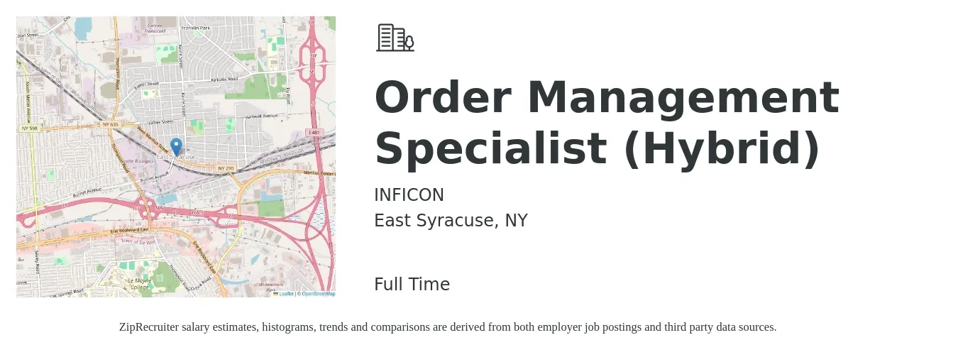 INFICON job posting for a Order Management Specialist (Hybrid) in East Syracuse, NY with a salary of $44,500 to $55,600 Yearly with a map of East Syracuse location.