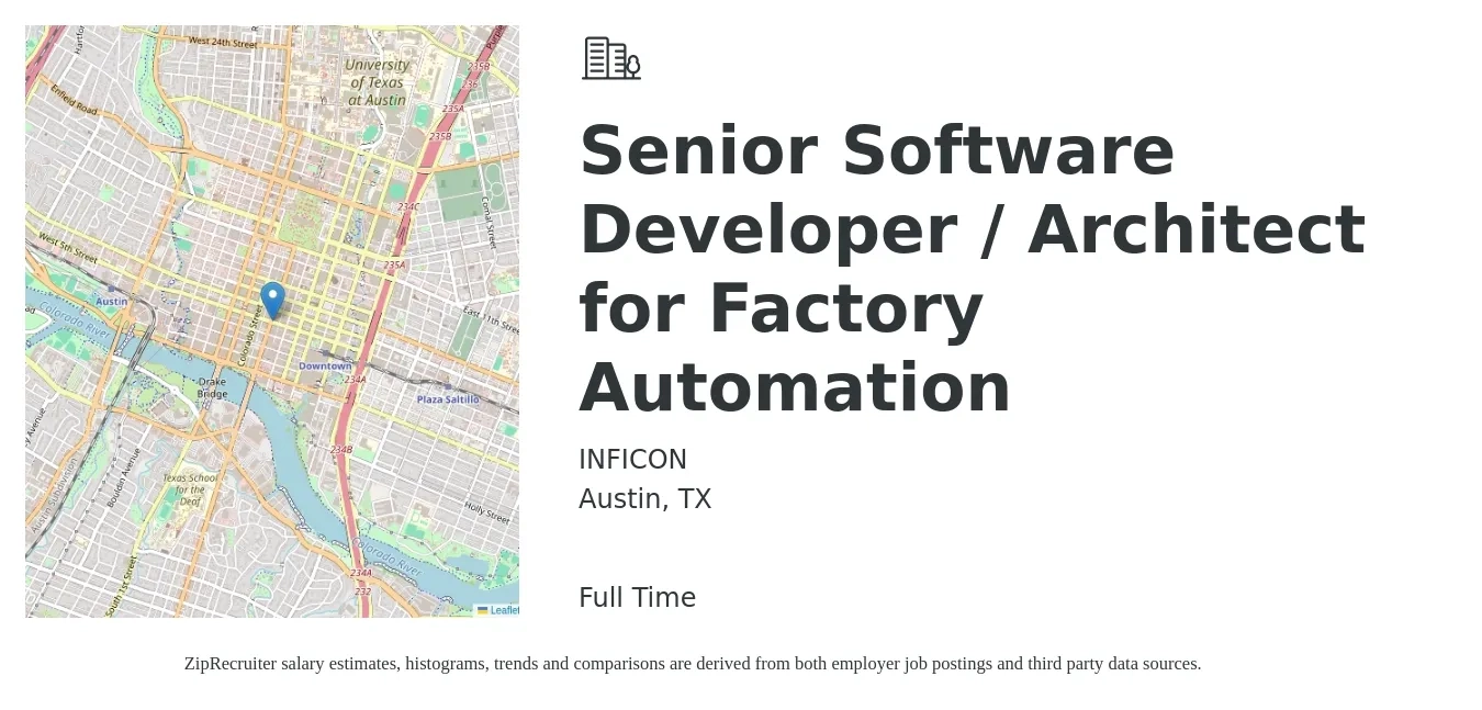 INFICON job posting for a Senior Software Developer / Architect for Factory Automation in Austin, TX with a salary of $60,000 Yearly with a map of Austin location.