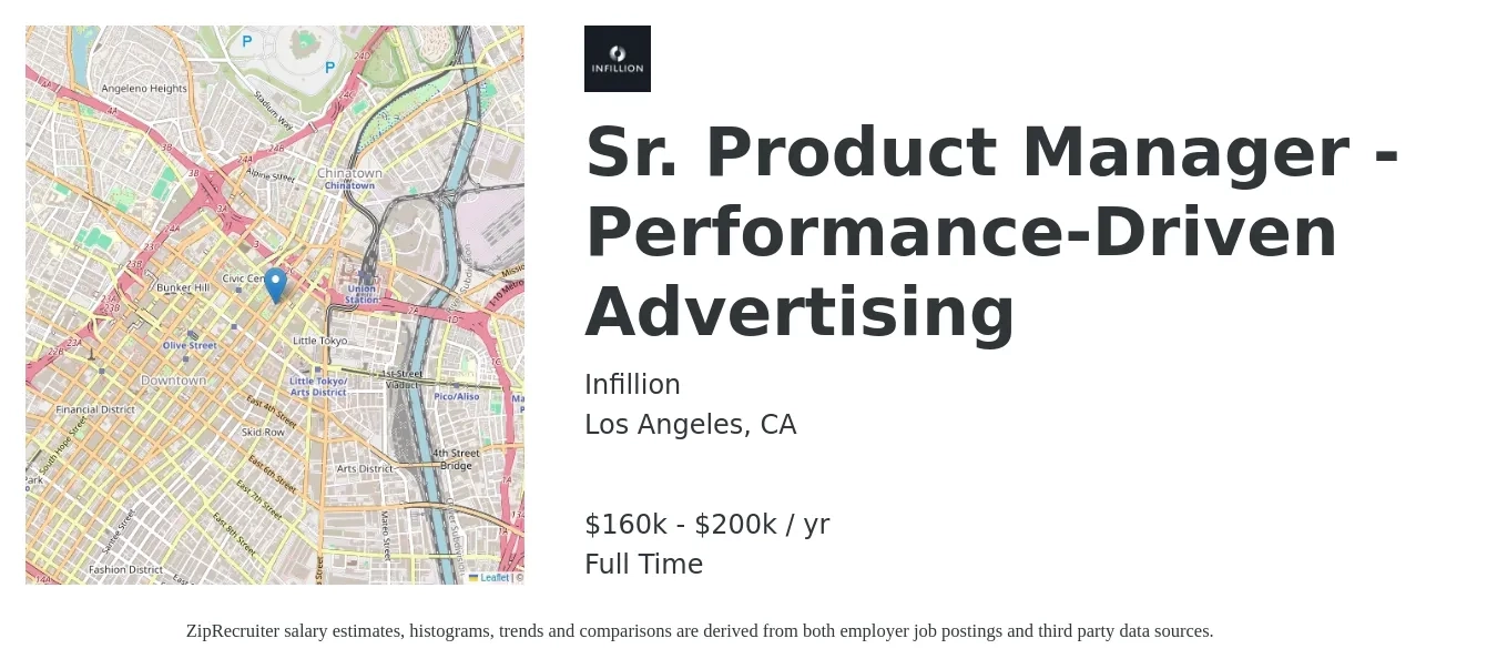 Infillion job posting for a Sr. Product Manager - Performance-Driven Advertising in Los Angeles, CA with a salary of $160,000 to $200,000 Yearly with a map of Los Angeles location.