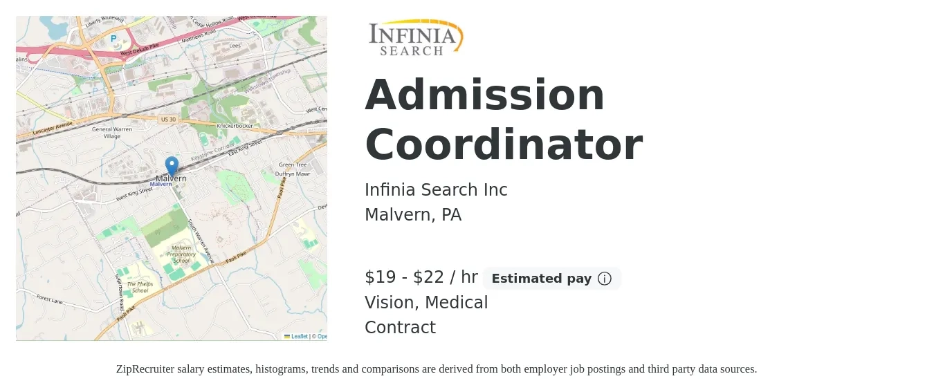 Infinia Search Inc job posting for a Admission Coordinator in Malvern, PA with a salary of $20 to $23 Hourly and benefits including medical, and vision with a map of Malvern location.