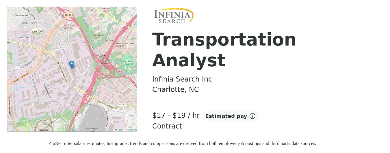 Infinia Search Inc job posting for a Transportation Analyst in Charlotte, NC with a salary of $18 to $20 Hourly with a map of Charlotte location.
