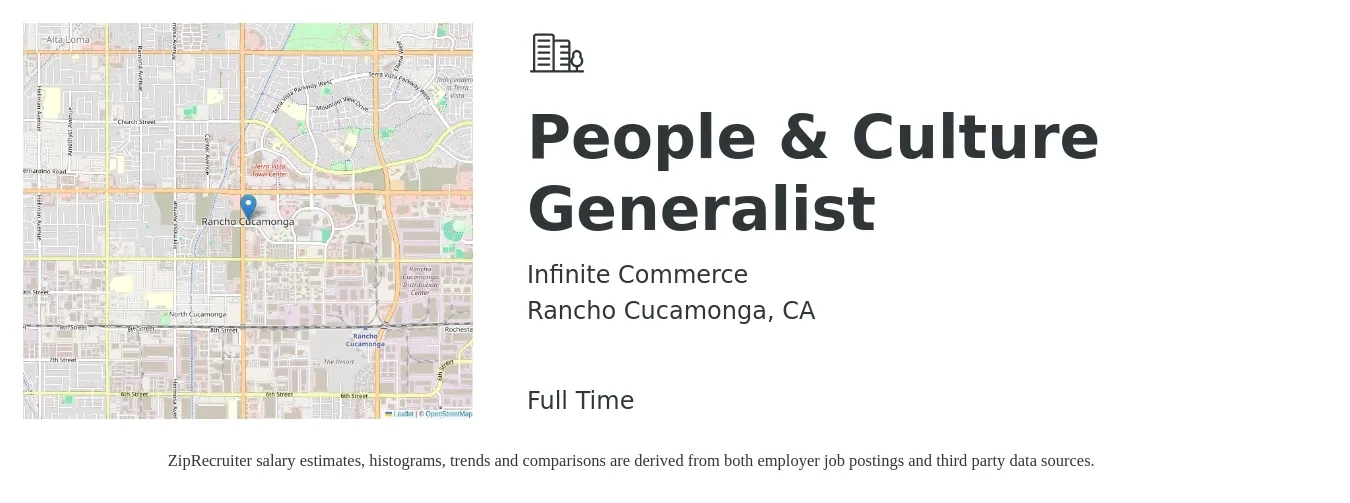 Infinite Commerce job posting for a People & Culture Generalist in Rancho Cucamonga, CA with a salary of $52,600 to $74,900 Yearly with a map of Rancho Cucamonga location.