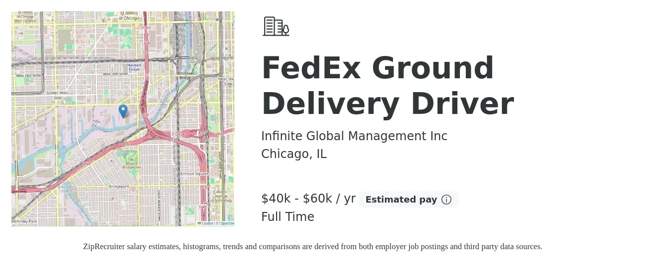 Infinite Global Management Inc job posting for a FedEx Ground Delivery Driver in Chicago, IL with a salary of $40,000 to $60,000 Yearly with a map of Chicago location.