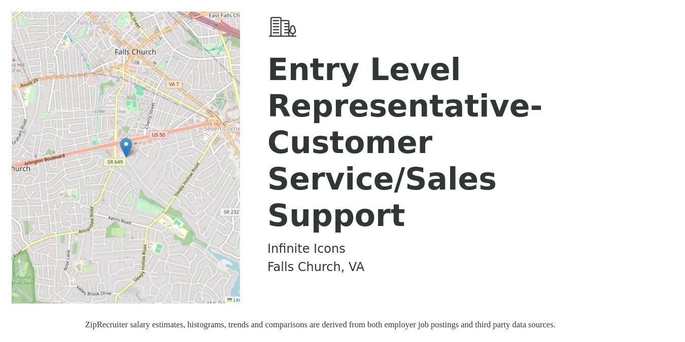 Infinite Icons job posting for a Entry Level Representative- Customer Service/Sales Support in Falls Church, VA with a salary of $19 to $29 Hourly with a map of Falls Church location.