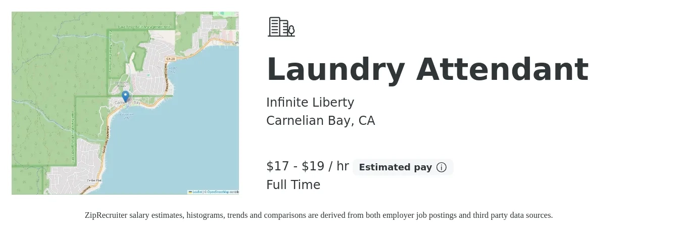 Infinite Liberty job posting for a Laundry Attendant in Carnelian Bay, CA with a salary of $18 to $20 Hourly with a map of Carnelian Bay location.