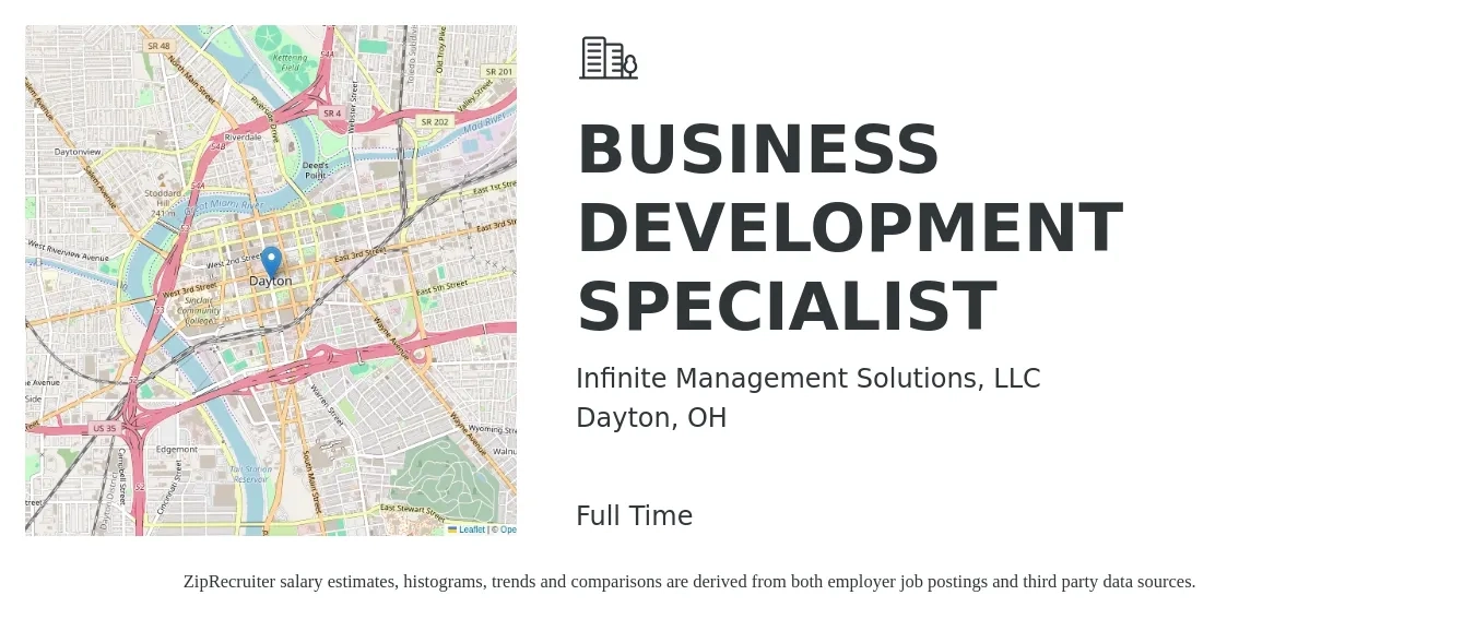 Infinite Management Solutions, LLC job posting for a BUSINESS DEVELOPMENT SPECIALIST in Dayton, OH with a salary of $45,700 to $76,300 Yearly with a map of Dayton location.