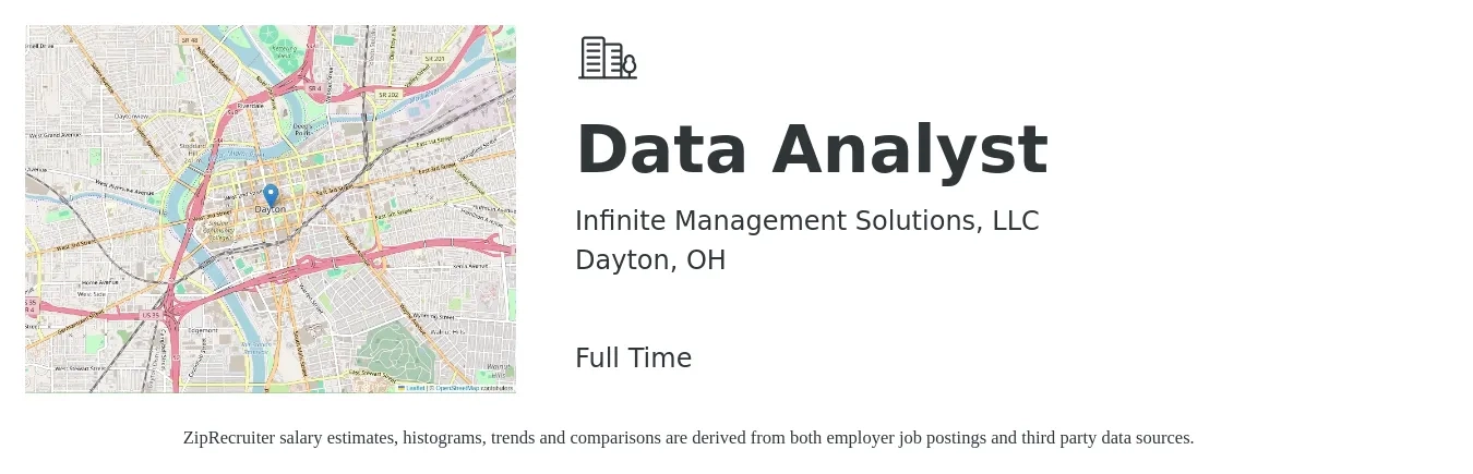 Infinite Management Solutions, LLC job posting for a Data Analyst in Dayton, OH with a salary of $60,700 to $94,300 Yearly with a map of Dayton location.