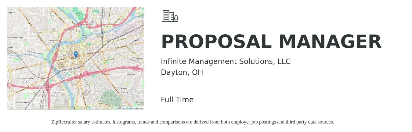 Infinite Management Solutions, LLC job posting for a PROPOSAL MANAGER in Dayton, OH with a salary of $78,200 to $114,700 Yearly with a map of Dayton location.