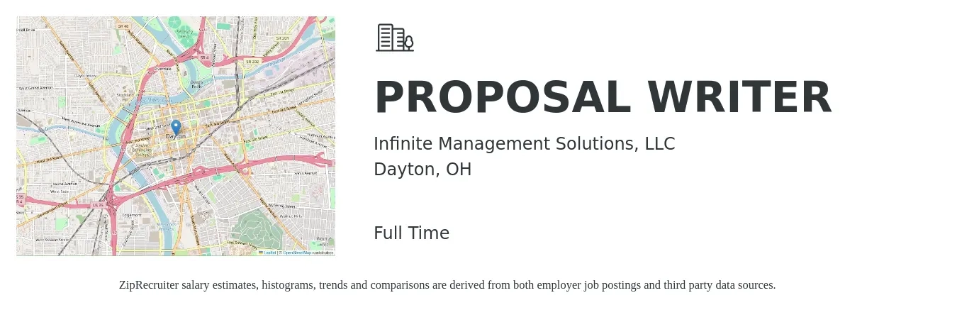 Infinite Management Solutions, LLC job posting for a PROPOSAL WRITER in Dayton, OH with a salary of $61,700 to $88,000 Yearly with a map of Dayton location.