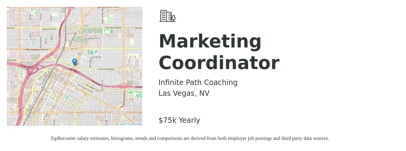 Infinite Path Coaching job posting for a Marketing Coordinator in Las Vegas, NV with a salary of $75,000 Yearly with a map of Las Vegas location.