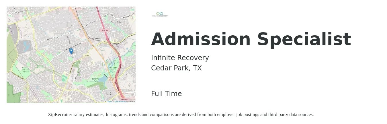 Infinite Recovery job posting for a Admission Specialist in Cedar Park, TX with a salary of $18 to $24 Hourly with a map of Cedar Park location.