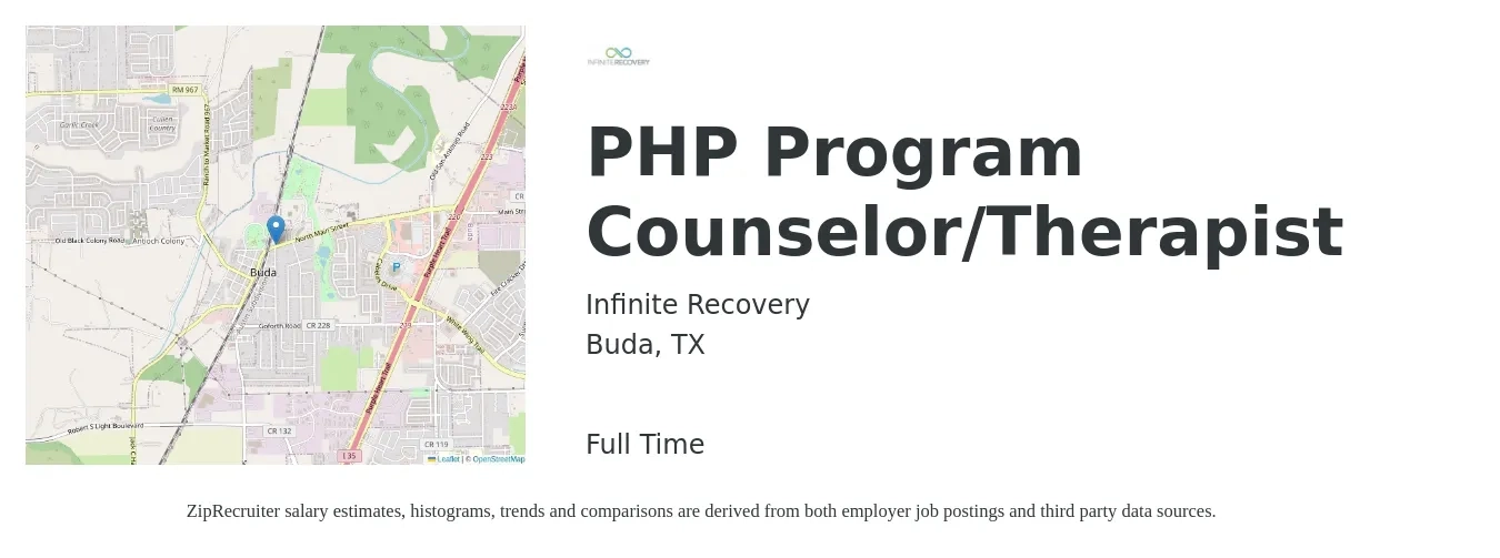 Infinite Recovery job posting for a PHP Program Counselor/Therapist in Buda, TX with a salary of $49,100 to $61,400 Yearly with a map of Buda location.
