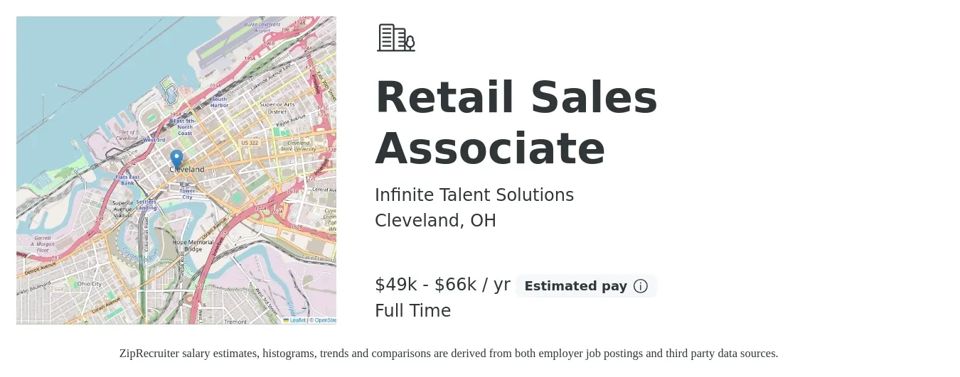 Infinite Talent Solutions job posting for a Retail Sales Associate in Cleveland, OH with a salary of $49,000 to $66,000 Yearly with a map of Cleveland location.