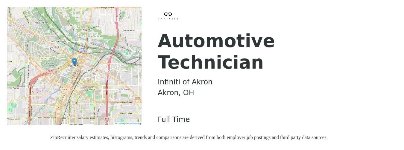 Infiniti of Akron job posting for a Automotive Technician in Akron, OH with a salary of $21 to $33 Hourly with a map of Akron location.