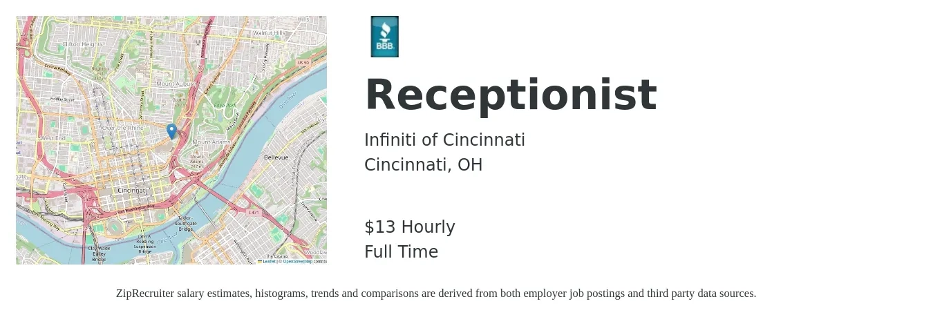 Infiniti of Cincinnati job posting for a Receptionist in Cincinnati, OH with a salary of $14 Hourly with a map of Cincinnati location.