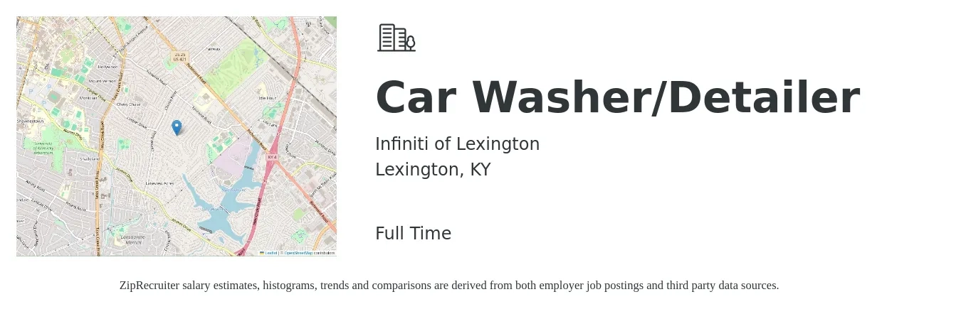 Infiniti of Lexington job posting for a Car Washer/Detailer in Lexington, KY with a salary of $15 to $17 Hourly with a map of Lexington location.
