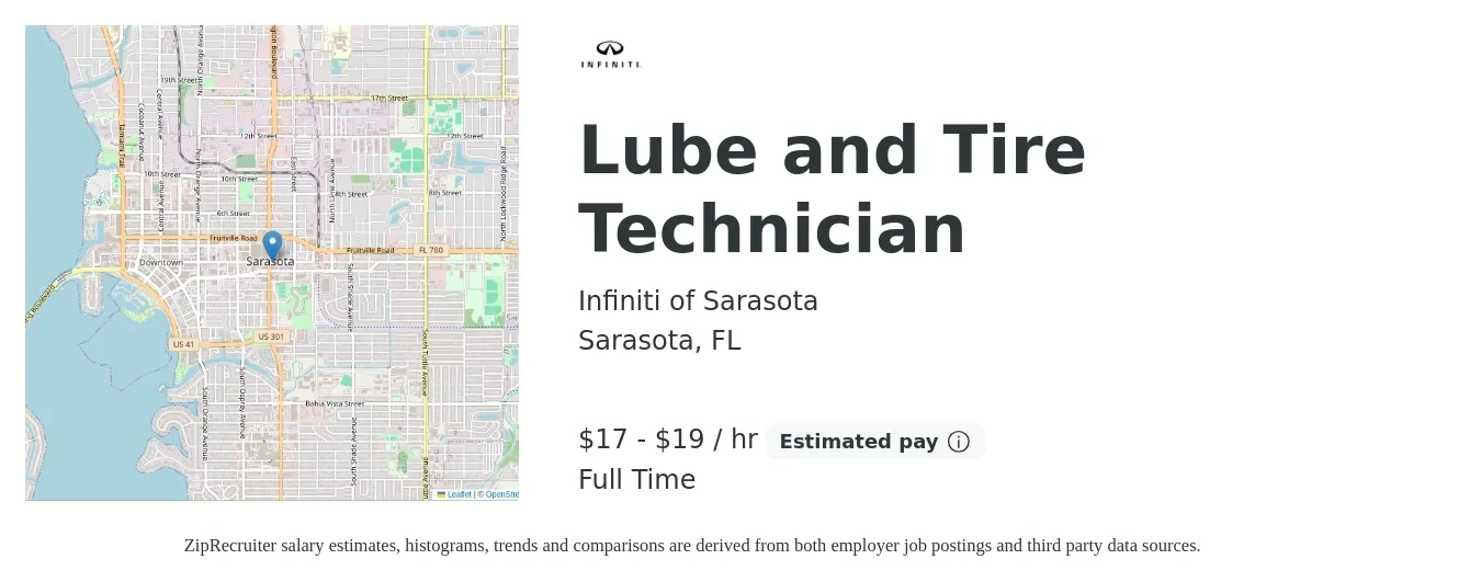 Infiniti of Sarasota job posting for a Lube and Tire Technician in Sarasota, FL with a salary of $18 to $20 Hourly with a map of Sarasota location.