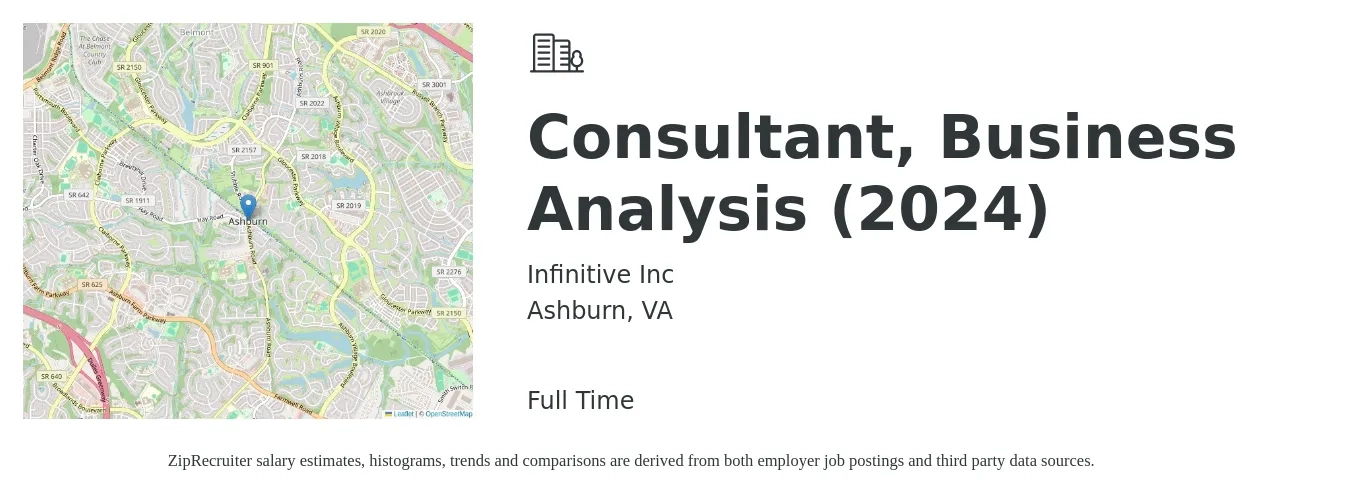 Infinitive Inc job posting for a Consultant, Business Analysis (2024) in Ashburn, VA with a salary of $62,900 to $144,700 Yearly with a map of Ashburn location.