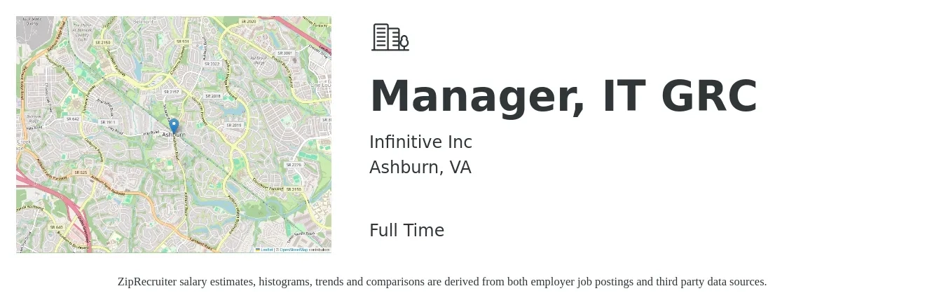 Infinitive Inc job posting for a Manager, IT GRC in Ashburn, VA with a salary of $97,100 to $119,100 Yearly with a map of Ashburn location.
