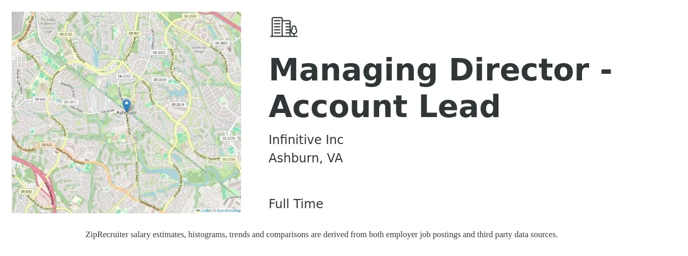 Infinitive Inc job posting for a Managing Director - Account Lead in Ashburn, VA with a salary of $97,100 to $125,300 Yearly with a map of Ashburn location.