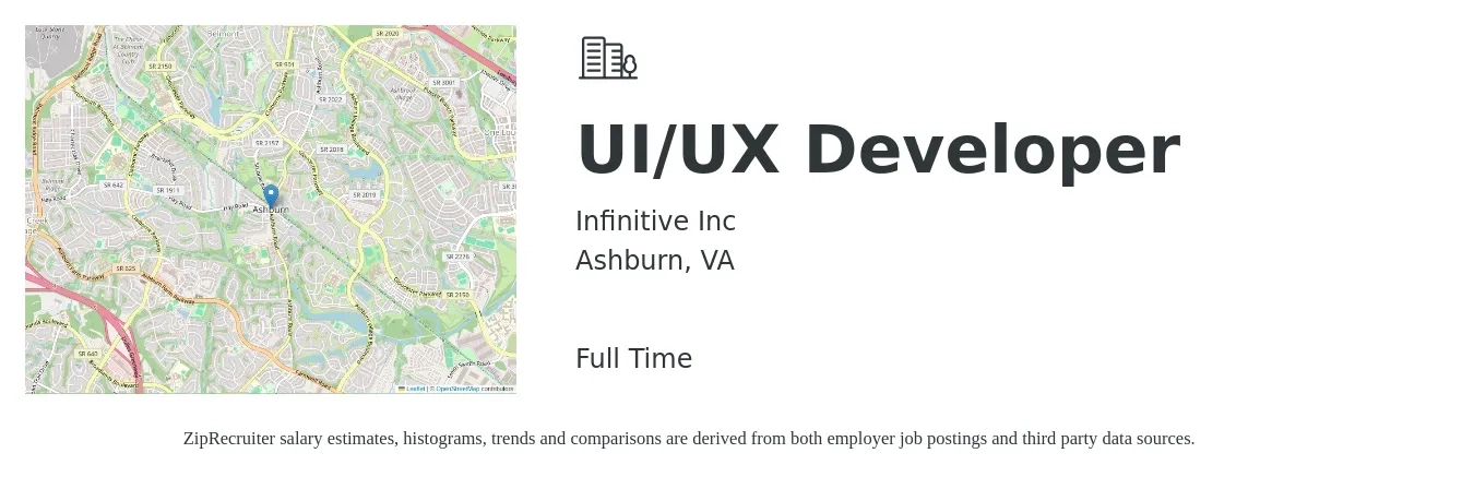Infinitive Inc job posting for a UI/UX Developer in Ashburn, VA with a salary of $86,900 to $131,400 Yearly with a map of Ashburn location.