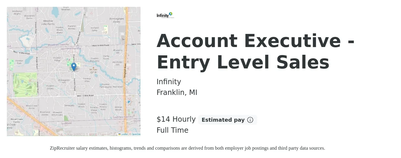Infinity job posting for a Account Executive - Entry Level Sales in Franklin, MI with a salary of $15 Hourly with a map of Franklin location.