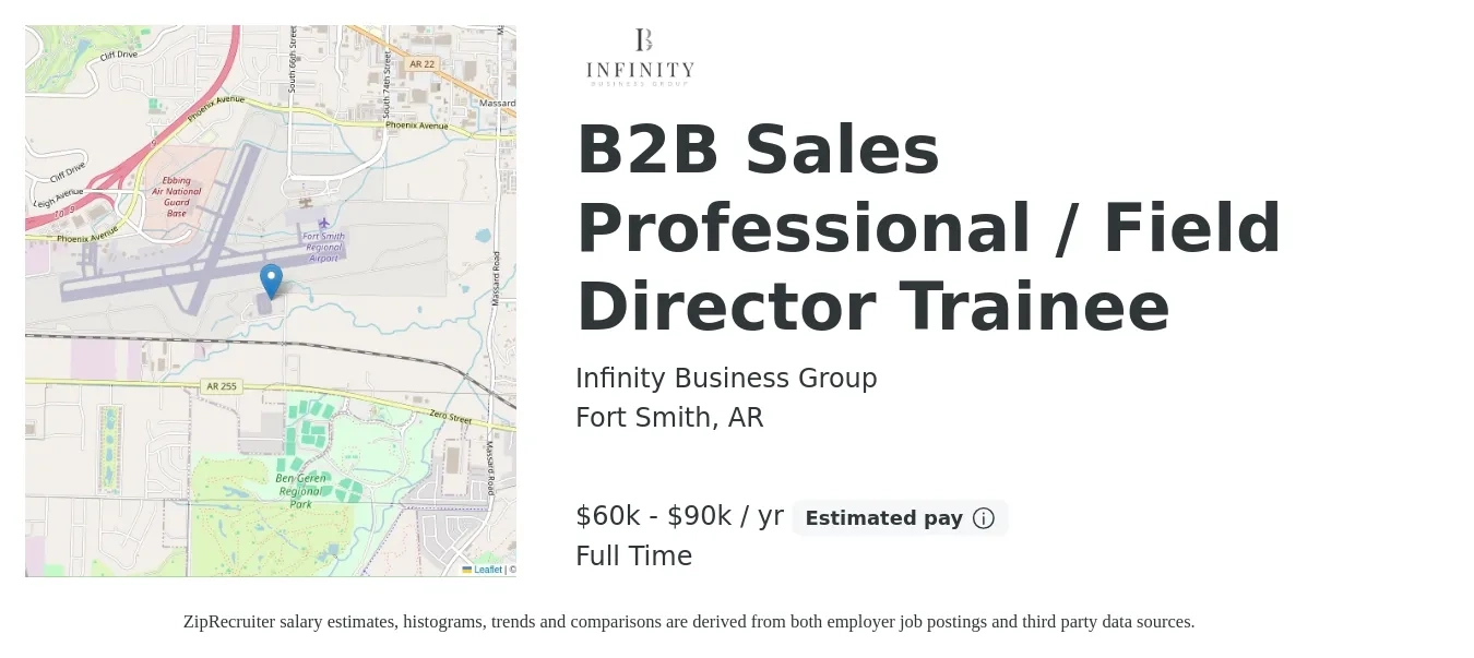Infinity Business Group job posting for a B2B Sales Professional / Field Director Trainee in Fort Smith, AR with a salary of $60,000 to $90,000 Yearly and benefits including retirement with a map of Fort Smith location.