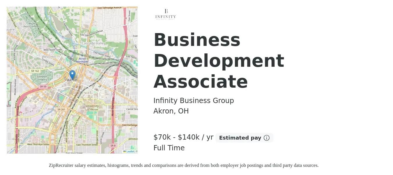Infinity Business Group job posting for a Business Development Associate in Akron, OH with a salary of $70,000 to $140,000 Yearly with a map of Akron location.