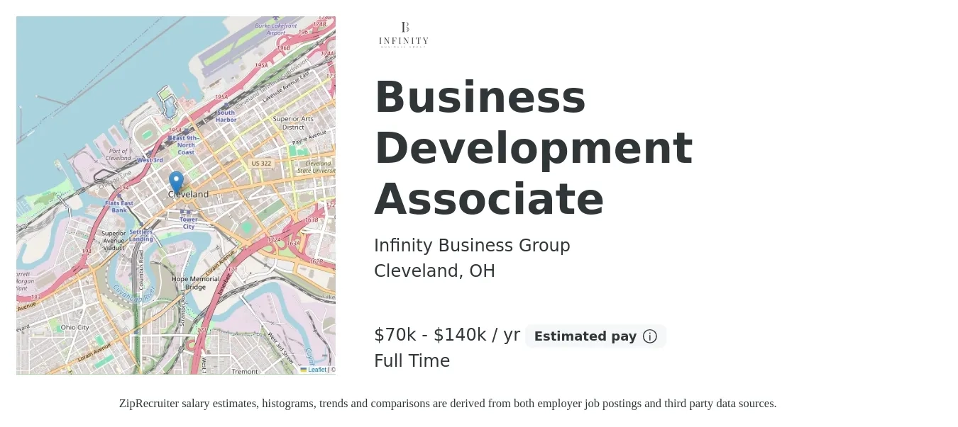 Infinity Business Group job posting for a Business Development Associate in Cleveland, OH with a salary of $70,000 to $140,000 Yearly with a map of Cleveland location.