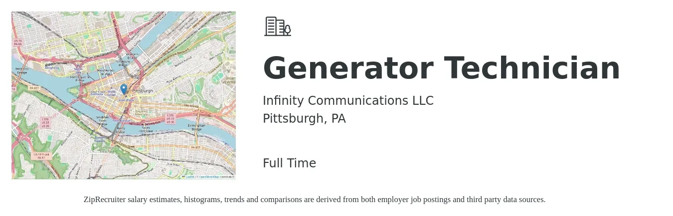 Infinity Communications LLC job posting for a Generator Technician in Pittsburgh, PA with a salary of $28 to $32 Hourly with a map of Pittsburgh location.