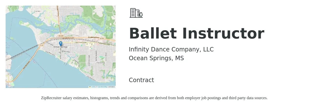 Infinity Dance Company, LLC job posting for a Ballet Instructor in Ocean Springs, MS with a salary of $12 to $32 Hourly with a map of Ocean Springs location.