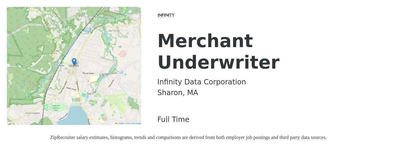 Infinity Data Corporation job posting for a Merchant Underwriter in Sharon, MA with a salary of $64,300 to $91,700 Yearly with a map of Sharon location.