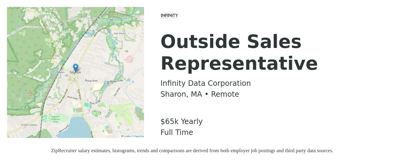 Infinity Data Corporation job posting for a Outside Sales Representative in Sharon, MA with a salary of $65,000 Yearly with a map of Sharon location.